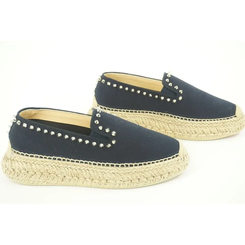 Christian Louboutin Espaboat Navy Canvas Spiked Espadrille Flat SZ 37 NIB